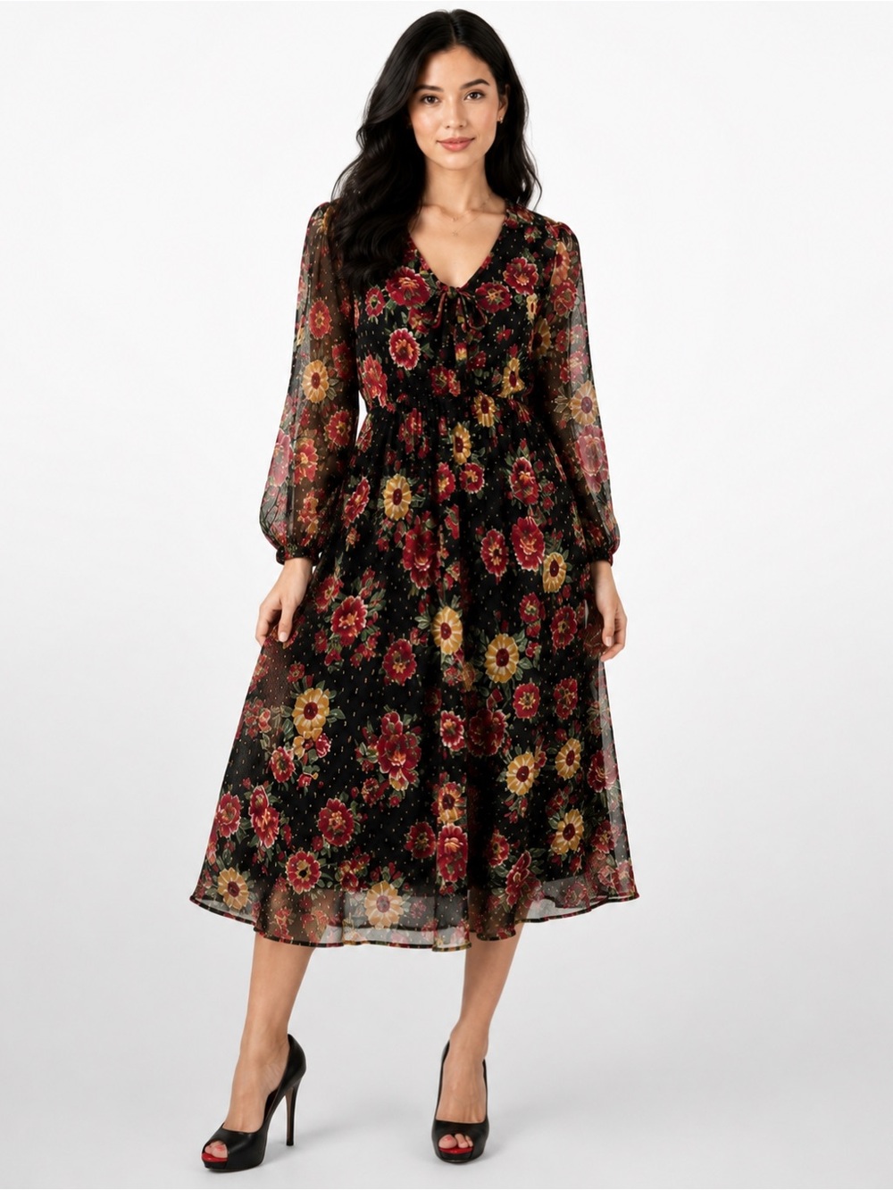 1775 Floral Maxi Dress Small Metallic Dot Long Sleeve Boho Cottagecore